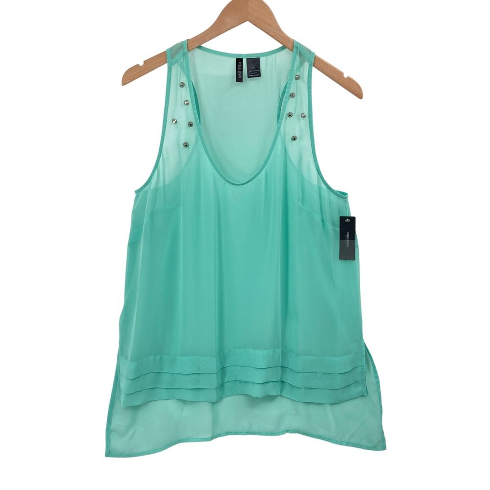 Bisou Bisou Womens XL Cascade Green Sheer Studded Sleeveless Top Blouse NWT
